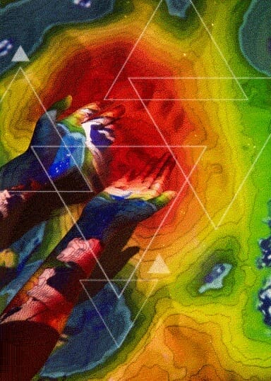 A person holding two hands in a colorful shadow that seems to be map os a place on earth