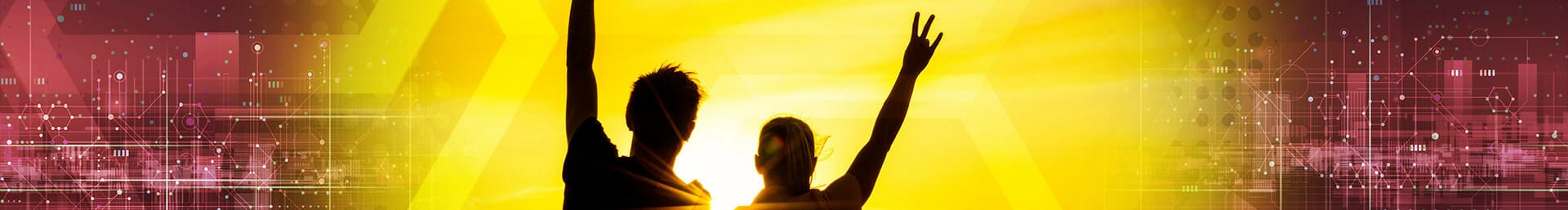 Two people's shadows holding sun devil sign